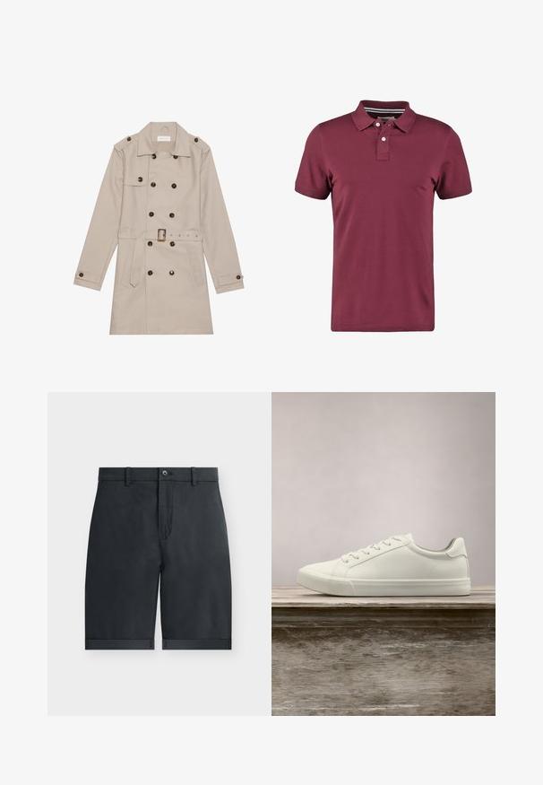 Trench beige con diseño de doble botón, grandes botones oscuros, cintura ceñida con cinturón, hombreras y dos bolsillos frontales.; Polo de color burdeos hecho de algodón, con una tapeta de dos botones, manga corta y un cuello a rayas como acento. Textura suave.; Pantalones cortos negros hasta la rodilla con dobladillos vuelta, cierre con botón, trabillas para cinturón y diseño frontal plano sobre un fondo blanco liso.; Zapatilla blanca con cordones flotando sobre un banco de madera con follaje verde al fondo, mostrando el diseño y la textura del zapato.