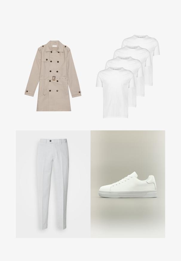 Beige trenchcoat med dobbelt række, store mørke knapper, talje med bælte, skulderlapper og to frontlommer.; Hvide bomulds T-shirts, kortærmede, rund halsudskæring, glat tekstur, stableret i fire stykker med ensartet design uden mønstre eller accenter.; Lys grå bukser lavet af tekstureret stof, med knaplukning, flad front og smalle ben for en strømlinet pasform.; Hvid lavtop sneaker med snørelukning foran, polstret krave og tekstureret gummisål, vist i sidelayout på neutral baggrund.