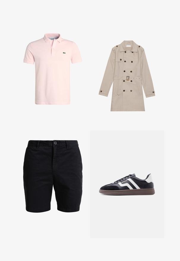 Beige trench coat, jossa on kaksirivinen malli, suuret tummat napit, vyötäröllä vyö, hartiapaikat ja kaksi etutaskua.; Vaaleanpunainen puuvillapolo-paita, jossa on klassinen kaulus, kaksi nappia ja pieni vihreä krokotiililogo vasemmassa rintataskussa. Lyhyet hihat.; Mustat puuvillashortsit suoran leikkauksen kanssa, joissa on etuvetoketju, vyölenkit, kaksi sivutaskua ja hienovaraisesti teksturoitu kangas.; Musta tennarit, joissa mokkanahka- ja synteettimateriaalia, valkoiset vinoraitat ja ruskea kuvioitu pohja. Varustettu nyörityksellä ja pehmustetulla kauluksella.