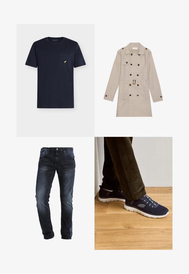 Trench beige con diseño de doble botón, grandes botones oscuros, cintura ceñida con cinturón, hombreras y dos bolsillos frontales.; Camiseta de algodón azul marino con cuello redondo, mangas cortas y un bolsillo en el pecho con un pequeño logo de un pájaro amarillo.; Jeans de mezclilla azul oscuro con corte recto, que presentan una cremallera, cinco bolsillos y un ligero desgaste en las piernas para dar textura.; Zapatillas de malla en color navy con suelas blancas, que cuentan con cordones elásticos y un detalle de logo. Diseño casual con una construcción ligera.