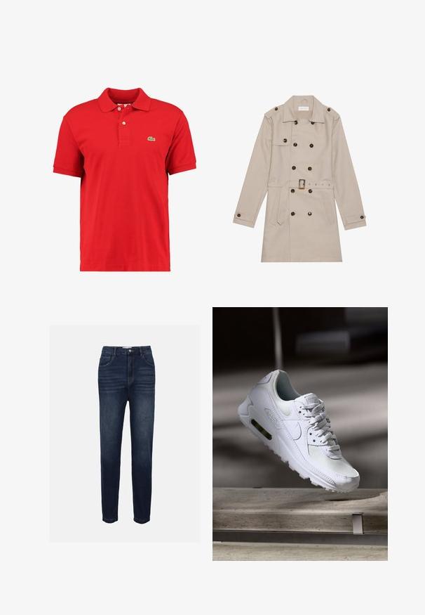 Trench beige con diseño de doble botón, grandes botones oscuros, cintura ceñida con cinturón, hombreras y dos bolsillos frontales.; Camisa polo roja de algodón texturizado con cuello clásico, mangas cortas, tapeta de dos botones y un pequeño logo verde en el pecho.; Jeans de mezclilla azul oscuro con un corte recto, que cuentan con bolsillos delanteros y sutiles detalles de costura horizontal. Diseño clásico de cinco bolsillos.; Zapatilla Nike Air Max 90 blanca con parte superior de malla y cuero, caja de puntera perforada y unidad de aire visible en el talón.