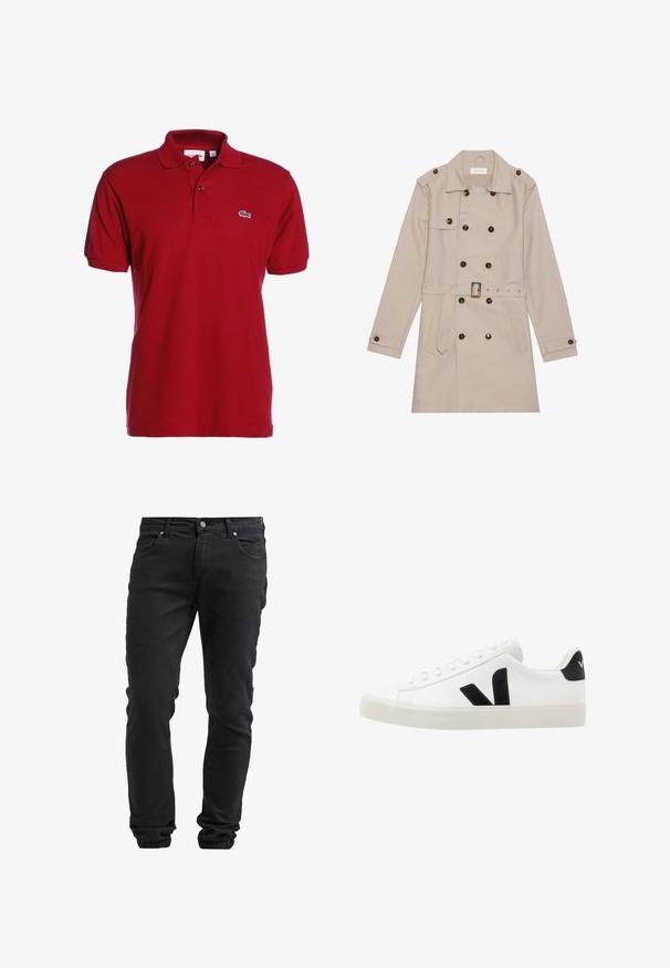 Manteau beige à double boutonnage, grandes boutons foncés, taille ceinturée, épaulettes et deux poches frontales.; Polo shirt rouge en coton, avec un col classique, des manches courtes, une patte de boutonnage à deux boutons, et un petit logo vert brodé sur la poitrine.; Jeans noirs ajustés avec fermeture à bouton et à glissière, cinq poches et poignets élastiques aux chevilles.; Sneaker blanche en cuir avec des accents en daim noir ; dispose d'une semelle en caoutchouc, d'un bout rond et d'un design classique à lacets. Logo latéral en noir.