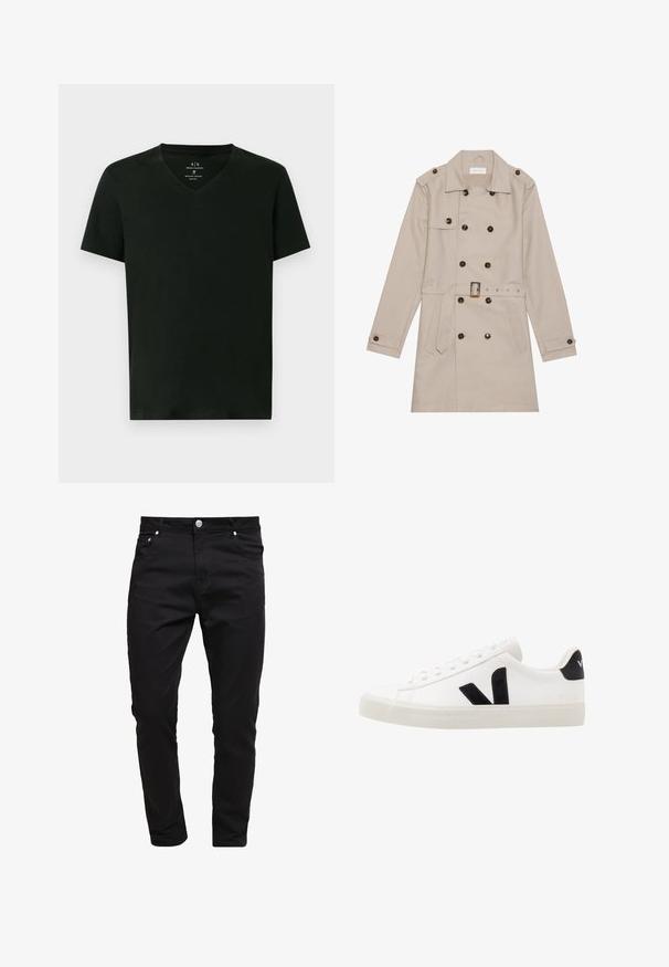 Manteau beige à double boutonnage, grandes boutons foncés, taille ceinturée, épaulettes et deux poches frontales.; T-shirt en coton noir pour homme d'Armani Exchange avec des manches courtes et un col en V, taille moyenne, présenté à plat sur fond blanc.; Jean noir en tissu denim, design slim fit, style à cinq poches, fermeture à bouton métallique, avec des détails de couture et une texture lisse.; Sneaker blanche en cuir avec des accents en daim noir ; dispose d'une semelle en caoutchouc, d'un bout rond et d'un design classique à lacets. Logo latéral en noir.