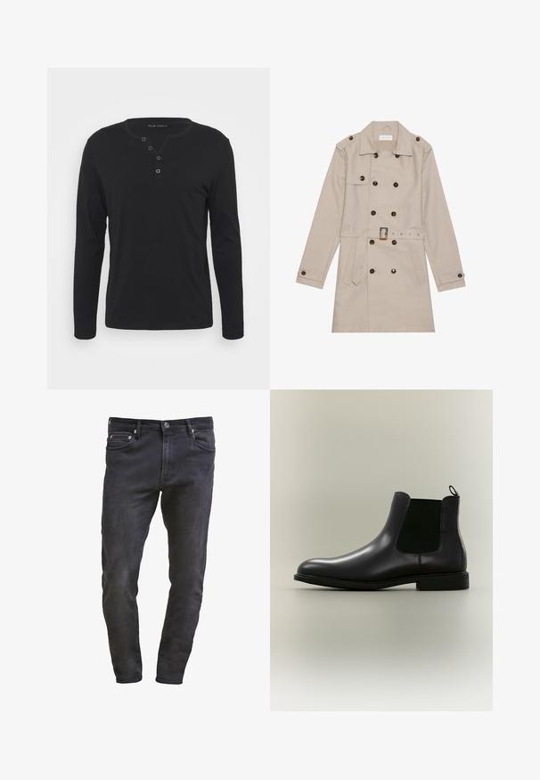 Trench beige con diseño de doble botón, grandes botones oscuros, cintura ceñida con cinturón, hombreras y dos bolsillos frontales.; Camisa henley negra de manga larga, hecha de un tejido suave, con una placket de botones, cuello redondo y mangas ajustadas.; Jeans de mezclilla negros de corte slim, con diseño de cinco bolsillos, cierre de cremallera y un sutil acabado de desgaste. Textura suave con un acabado de lavado oscuro.; Bota Chelsea de cuero negro con paneles laterales elásticos y una lengüeta en un fondo neutro, mostrada de perfil.