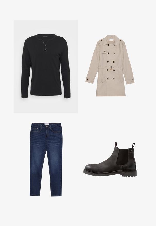Trench beige con diseño de doble botón, grandes botones oscuros, cintura ceñida con cinturón, hombreras y dos bolsillos frontales.; Camisa henley negra de manga larga, hecha de un tejido suave, con una placket de botones, cuello redondo y mangas ajustadas.; Jeans ajustados de color azul oscuro con cinco bolsillos, cierre de botones y costuras de contraste, etiquetados como Pier One en la cinturilla.; Botín Chelsea de cuero negro con paneles laterales elásticos, superficie texturizada y suela de goma. Presenta un tirador en rojo y azul.