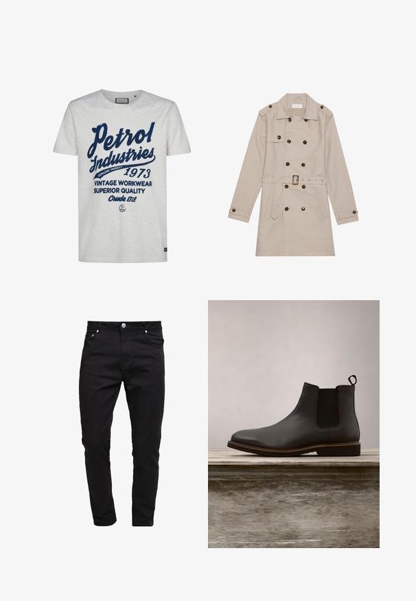 Beige Trenchcoat mit doppelreihigem Design, großen dunklen Knöpfen, tailliertem Gürtel, Schulterklappen und zwei vorderen Taschen.; Weißes T-Shirt mit kurzen Ärmeln, das mit navyblauer Schrift bedruckt ist. Das Design umfasst "Petrol Industries", "1973" und Akzente wie "Echtes Produkt".; Schwarze Jeans aus Denim-Stoff, schlanke Passform, Fünf-Taschen-Stil, Metallknopfverschluss, mit Steppnähten und einer glatten Textur.; Schwarze Leder Chelsea-Stiefel mit elastischen Seiteneinsätzen und runder Zehenform, ausgestattet mit einer strukturierten Sohle und subtilen Steppnähten, erhöht über einer Holzoberfläche.