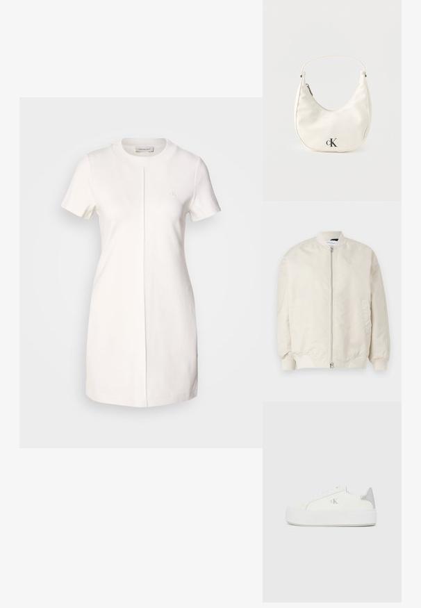 Chaqueta bomber beige claro hecha de tela suave y ligera. Presenta un cierre frontal, puños de canalé y bolsillos laterales. Diseño sencillo.; Calvin Klein Jeans MILANO T SHIRT DRESS - Vestido ligero - tofu; Zapatillas de lona blancas con una suela blanca gruesa, presentan un acento metálico plateado en el talón y un sutil detalle del logo en el lateral.; Pequeño bolso blanco en forma de media luna con correa corta, cierre de cremallera y logo negro "cK" en el frente.