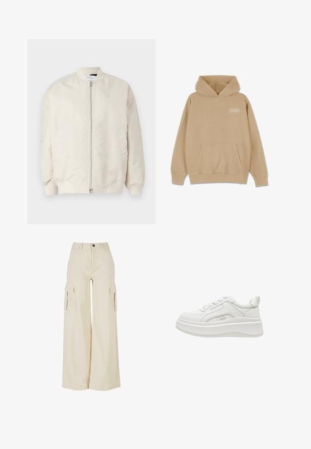 Hellbeige Bomberjacke aus glattem, leichtem Stoff. Mit einem Vorderreißverschluss, gerippten Bündchen und Seitentaschen. Einfaches Design.; Beiger Hoodie mit einer Fronttasche, Kapuze mit Kordelzug sowie gerippten Bündchen und Saum. Mit kleinem weißen Logo auf der linken Seite.; Beige weite Cargo-Hosen aus Baumwolle, mit zwei großen Seitentaschen, einem frontalen Knopfverschluss und einem sauberen Saum.; Weißer Plateau-Sneaker mit dicker Sohle, vorn zum Schnüren, Zuglasche an der Ferse und gebrandetem Etikett an der Seitenwand, im Profil vor weißem Hintergrund gezeigt.