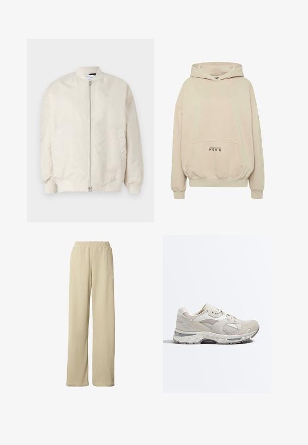 Vaaleanbeige bomber-takki, joka on valmistettu sileästä ja kevyestä kankaasta. Varustettu edessä olevalla vetoketjulla, ribbikuvioiduilla hihansuilla ja sivutaskuilla. Yksinkertainen muotoilu.; Beige collegepaita, jossa on etutasku, resorit hihansuissa ja kiristysnyöri huppuosassa. "PECADOR PGDR" -teksti painettuna taskualueelle.; Beiget värilliset leveälahkeiset housut, joissa on joustava vyötärönauha ja hillitty pieni valkoinen logo reiden yläosassa.; Beige ja valkoinen urheilutossu, jossa on verkkokangasta ja mokkanahkaa, nauhallinen suljenta ja paksu pehmustettu pohja harmaalla kuvioidulla kuvioinnilla.