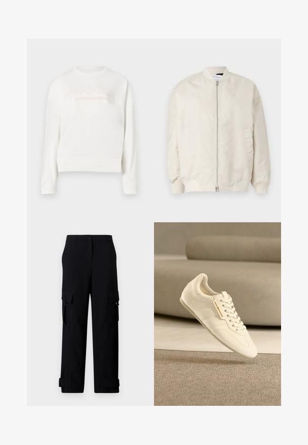 Hellbeige Bomberjacke aus glattem, leichtem Stoff. Mit einem Vorderreißverschluss, gerippten Bündchen und Seitentaschen. Einfaches Design.; Weißer Sweatshirt aus weichem Material, mit Rundhalsausschnitt, langen Ärmeln und Logo "Barbour International" in Hellrosa.; Schwarze Cargo-Hosen mit weitem Bein, ausgestattet mit zwei Seitentaschen und umgeschlagenen Bündchen. Hergestellt aus robustem Stoff mit glatter Textur.; Hellbeiger Ledersneaker mit strukturierter Oberfläche, flachen Schnürsenkeln und dezentem Branding, mit einem schlanken Design und minimalistischer Silhouette.