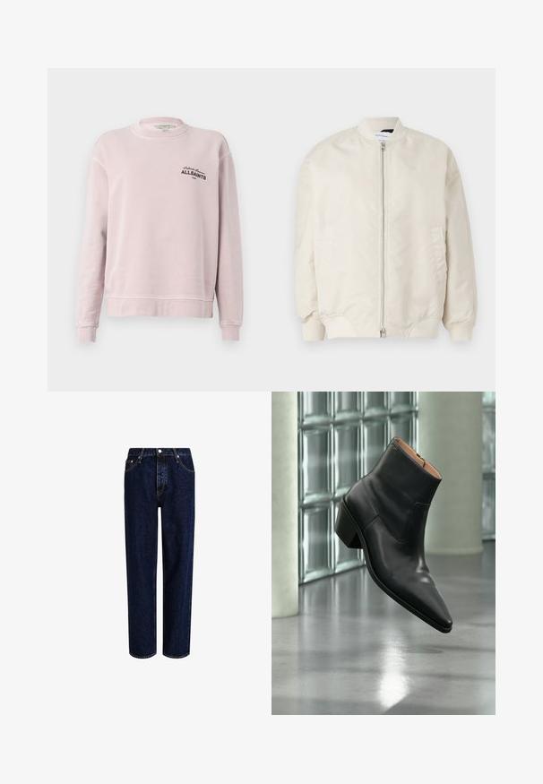 Lys beige bomberjakke lavet af glat, letvægtsstof. Har en frontlynlås, ribbede manchetter og sidelommer. Simpelt design.; Lyserød langærmet sweatshirt med rund hals, ribkantede ærmegab og sort tekst "Infinite Summer ALLSAINTS London" på venstre bryst.; Mørkeblå denim jeans med lige ben-design, der har høj talje, fem-lomme-stil og kontrastsyninger. Ingen dekorationer.; Sort læderankelstøvle med spids tå og blokhæl, der svæver over en reflekterende grå gulv nær en væg af glasblokke.