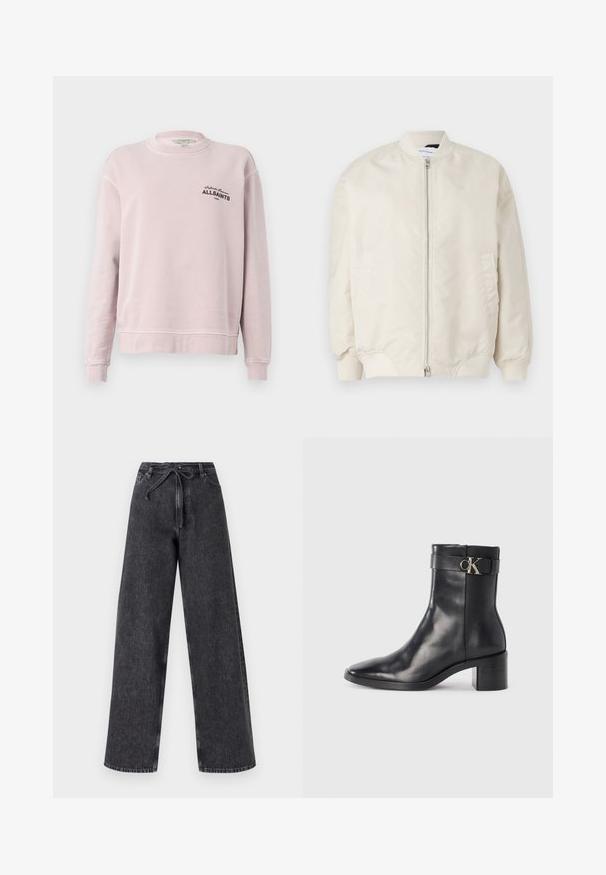 Hellbeige Bomberjacke aus glattem, leichtem Stoff. Mit einem Vorderreißverschluss, gerippten Bündchen und Seitentaschen. Einfaches Design.; Hellrosa Sweatshirt mit langen Ärmeln, Rundhalsausschnitt, gerippten Bündchen und schwarzem Schriftzug "Infinite Summer ALLSAINTS London" auf der linken Brust.; Hochtaillierte, weit geschnittene schwarze Jeans aus Denim mit einem Kordelzugverschluss. Verfügt über eine verwaschene Textur und subtile Steppdetails.; Schwarze Leder-Ankle Boots mit spitzem Zehenbereich, Blockabsatz und einem Riemen mit einem metallischen Logodetail. Glatte Textur und minimales Design.