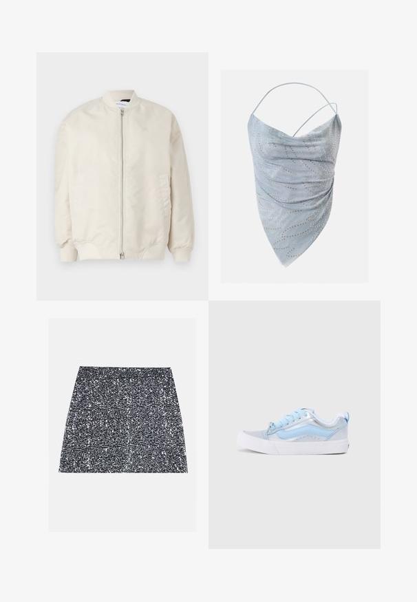 Veste bomber beige clair en tissu léger et lisse. Elle possède une fermeture éclair à l'avant, des poignets côtelés et des poches latérales. Design simple.; Haut asymétrique bleu clair à licou avec fines bretelles, agrémenté de petits clous ronds dorés et argentés disposés en motif dispersé.; Mini-jupe en sequins argentés avec un motif texturé et une coupe droite. Le tissu semble brillant et réfléchissant.; Baskets en toile bleues et argentées avec semelle en caoutchouc blanc, bout rond, lacets plats et détails de logo sur le côté. Accents bleu clair sur le design.