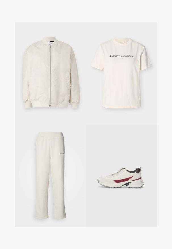 Lys beige bomberjakke lavet af glat, letvægtsstof. Har en frontlynlås, ribbede manchetter og sidelommer. Simpelt design.; Kremfarvet bomulds-T-shirt med korte ærmer og rund halsudskæring. Har "Calvin Klein Jeans"-logo i sort tværs over brystet.; Calvin Klein cremefarvet sweatpants med løs pasform, elastisk talje og lille grøn logo på venstre side. Blød, glat tekstur.; Sneaker i off-white med burgundy accenter, tekstureret overmateriale, robust gummisål, rund tå og snøresystem.