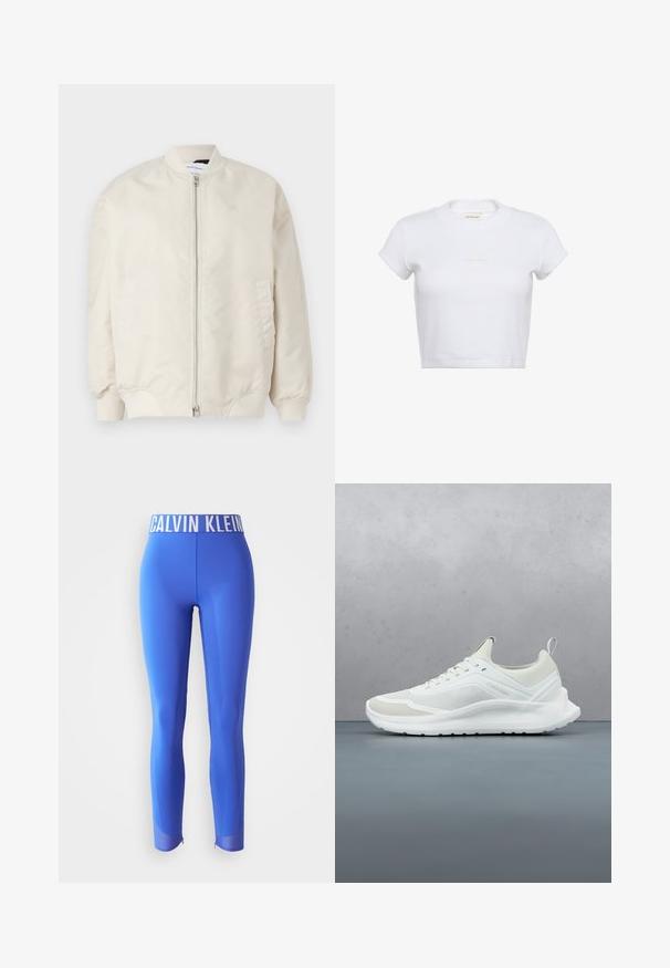 Chaqueta bomber beige claro hecha de tela suave y ligera. Presenta un cierre frontal, puños de canalé y bolsillos laterales. Diseño sencillo.; Camiseta blanca recortada de manga corta con textura acanalada. Presenta un cuello redondo y un sutil logo "Calvin Klein" en color claro en el frente.; Leggings activos azules hechos de un material suave, con una ancha cinturilla de logo blanca y acentos de malla en la parte baja de la pierna con cremalleras.; Zapatilla blanca Calvin Klein con texturas de malla y lisas, flotando sobre un suelo de baldosas de madera al aire libre, cerca de vegetación y una pared de hormigón.