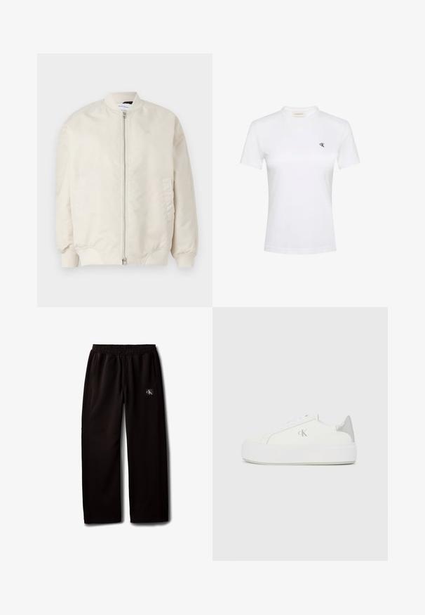 Lys beige bomberjakke lavet af glat, letvægtsstof. Har en frontlynlås, ribbede manchetter og sidelommer. Simpelt design.; Hvid T-shirt med korte ærmer i blødt stof med rund halsudskæring. Har en lille sort "ck"-logo på venstre bryst. Klassisk pasform.; Sorte vidde bukser med elastisk taljebånd og sidelommer, med en lille Calvin Klein-logo patch på højre lår.; Hvide lærredssneakers med en tyk hvid sål, prydet med en metallic sølvaccent på hælen og en diskret logo-detalje på siden.