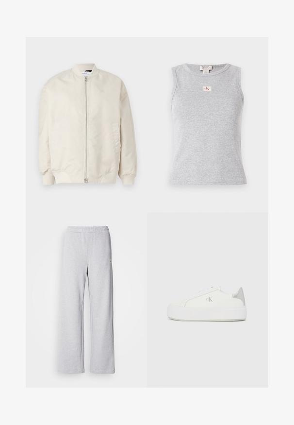 Vaaleanbeige bomber-takki, joka on valmistettu sileästä ja kevyestä kankaasta. Varustettu edessä olevalla vetoketjulla, ribbikuvioiduilla hihansuilla ja sivutaskuilla. Yksinkertainen muotoilu.; Harmaa ilmanhiha-toppi ribbikankaasta, jossa on pyöreä pääntie ja pieni CK-logoedustus edessä. Yksinkertainen ja mukautuva muotoilu.; Harmaat collegehousut, joissa on leveä lahjemuotoilu, joustava vyötärö ja huomaamattomat ompeluyksityiskohdat. Valmistettu pehmeästä ja hengittävästä kankaasta.; Valkoiset kangaskengät paksulla valkoisella pohjalla, joissa on metallinhohtoinen hopea korostus kannassa ja hillitty logotaito sivulla.