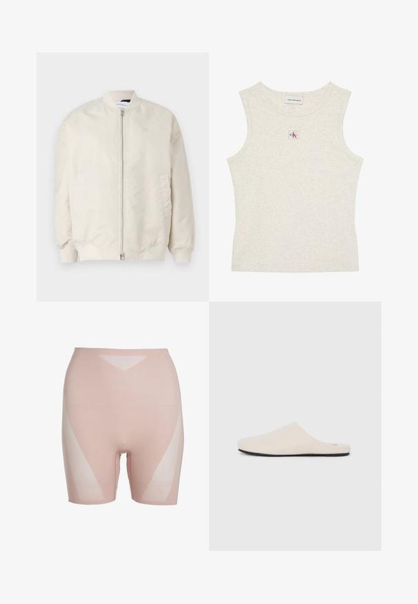 Chaqueta bomber beige claro hecha de tela suave y ligera. Presenta un cierre frontal, puños de canalé y bolsillos laterales. Diseño sencillo.; Camiseta sin mangas de color beige claro con textura acanalada, etiqueta de Calvin Klein Jeans en el interior del cuello y un pequeño parche con el logo CK centrado debajo del escote.; Shorts moldeadores en tono de piel con un diseño de tiro medio, que presentan paneles translúcidos y una textura suave para un acabado sin costuras.; Zapatilla deslizante color beige con parte superior de tela suave y texturizada, suela plana y puntera redondeada. Diseño minimalista sin herrajes visibles.