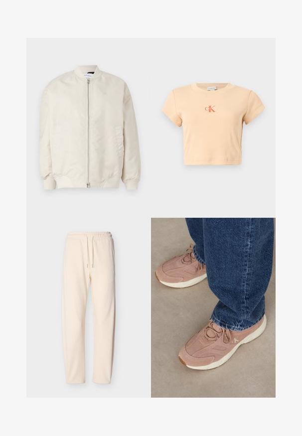 Chaqueta bomber beige claro hecha de tela suave y ligera. Presenta un cierre frontal, puños de canalé y bolsillos laterales. Diseño sencillo.; Camiseta corta de manga corta en melocotón claro, hecha de algodón acanalado, con un logo central en naranja oscuro y detalles de costura mínimos.; Pantalones deportivos color crema hechos de tela suave, con cintura elástica con cordones y piernas ajustadas. Sin patrones ni acentos visibles.; Zapatillas deportivas de un rosa claro con una parte superior de ante texturizado, que presentan una suela blanca y un branding sutil, combinadas con jeans de mezclilla azul oscuro.