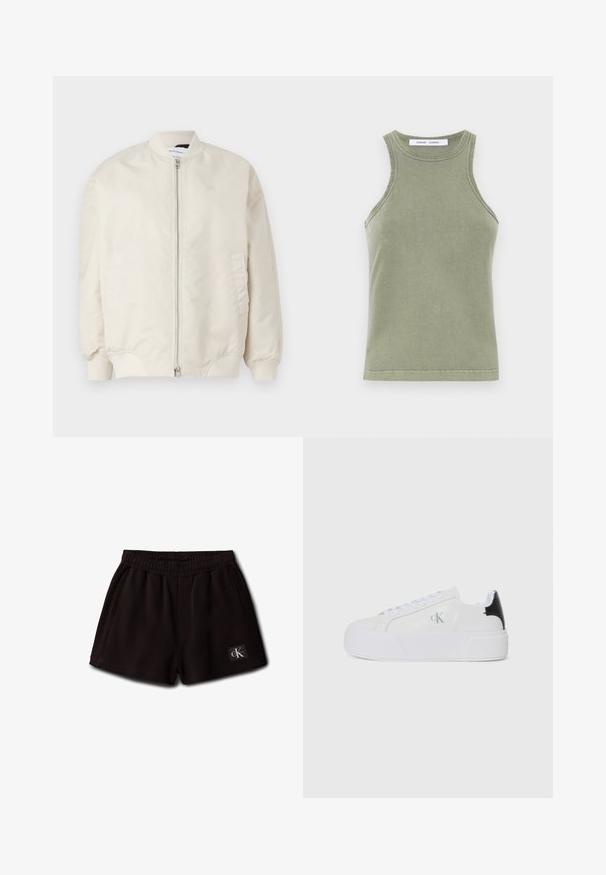 Lys beige bomberjakke lavet af glat, letvægtsstof. Har en frontlynlås, ribbede manchetter og sidelommer. Simpelt design.; Olivengrøn tanktop lavet af blødt bomuld, med rund halsudskæring, ærmeløs design og syede kanter. Enkel, tætsiddende form.; Sorte elastiske korte shorts med sidelommer og et lille Calvin Klein-logo på den forreste nederste venstre side.; Calvin Klein Jeans Sneakers - bright white/black