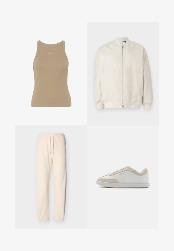Lys beige bomberjakke lavet af glat, letvægtsstof. Har en frontlynlås, ribbede manchetter og sidelommer. Simpelt design.; Beige ribbet t-shirt med rund halsudskæring, ærmeløs design og et lille præget logo midt foran. Blød stoftekstur.; Svedbukser i cremefarve lavet af blødt stof, med elastisk talje med snore og smalle ben. Ingen synlige mønstre eller detaljer.; Hvide lædersneakers med beige ruskindsdetaljer og hvide snøringer. Har en rund tå og en polstret sål for komfort.