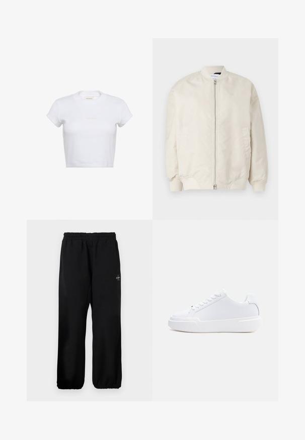 Lys beige bomberjakke lavet af glat, letvægtsstof. Har en frontlynlås, ribbede manchetter og sidelommer. Simpelt design.; Hvid cropped t-shirt med korte ærmer og ribbet tekstur. Har en rund halsudskæring og en diskret "Calvin Klein"-logo i lys farve foran.; Sorte sweatpants med elastisk talje, løse ben og en lille logo detalje på venstre side. Glat stof tekstur.; Hvid lavtop-sneaker med snørelukning, tyk sål og glat overdel, vist fra ydersiden mod en ensartet lys baggrund.