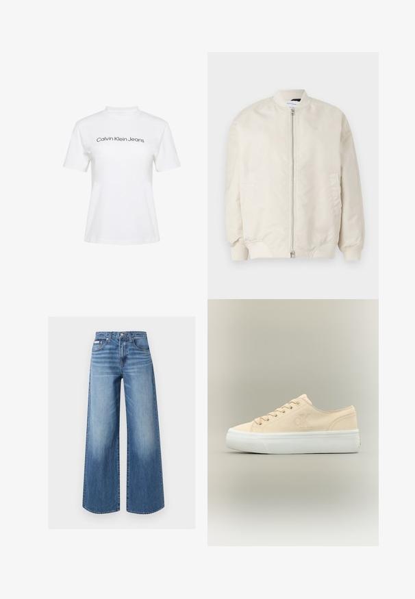 Lys beige bomberjakke lavet af glat, letvægtsstof. Har en frontlynlås, ribbede manchetter og sidelommer. Simpelt design.; Hvid bomulds-T-shirt med rund hals og korte ærmer, med teksten "Calvin Klein Jeans" i sort tryk på tværs af brystet.; Blå vidde jeans i denim med knap og lynlås foran, fem-lomme stil og diskrete falmede detaljer på lår og knæ.; Beige lærred lavtop sneaker med hvid tyk gummisål og subtilt "CK" logo på siden.