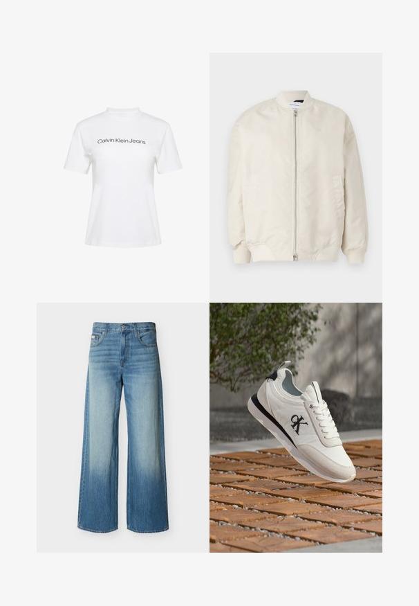 Lys beige bomberjakke lavet af glat, letvægtsstof. Har en frontlynlås, ribbede manchetter og sidelommer. Simpelt design.; Hvid bomulds-T-shirt med rund hals og korte ærmer, med teksten "Calvin Klein Jeans" i sort tryk på tværs af brystet.; Blå vidbenede denimjeans med en falmet lys vask på forreste lår, forlommer, bæltestropper og knaplukning.; Hvid Calvin Klein sneaker med sort logo, ruskindsdetaljer og hvide snørebånd, svævende over træfliser med grønne planter og sten i baggrunden.