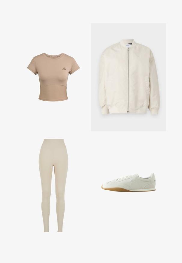 Lichtbeige bomberjack gemaakt van glad, lichtgewicht stof. Voorzien van een ritssluiting aan de voorkant, geribde manchetten en zijzakken. Eenvoudig ontwerp.; Beige sportieve cropped t-shirt met korte mouwen, geribbelde onderzijde en subtiele logo op de borst. Soepele textuur, aansluitend ontwerp.; Beige legging gemaakt van rekbare stof met een hoge tailleband; gladde textuur, aansluitende silhouet, geen zichtbare patronen of hardware details.; Witte lage sneaker met bruine rubberen zool, stikseldetails, veterluiting aan de voorkant en geborduurd logo aan de zijkant.