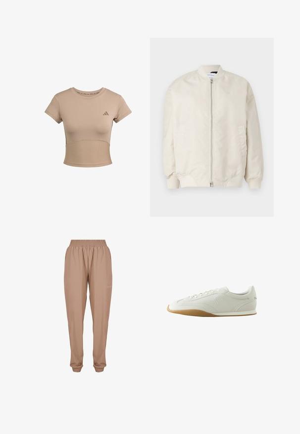 Lys beige bomberjakke lavet af glat, letvægtsstof. Har en frontlynlås, ribbede manchetter og sidelommer. Simpelt design.; Beige sports cropped t-shirt med korte ærmer, ribbet nederste del og subtilt logo på brystet. Glat tekstur, tætsiddende design.; Beige joggebukser med elastisk talje, ankellemmer og et blødt, let stof med en diskret logo detalje på siden.; Hvid lav sneaker med brun gummisål, syningsdetaljer, snørelukning foran og broderet logo på siden.