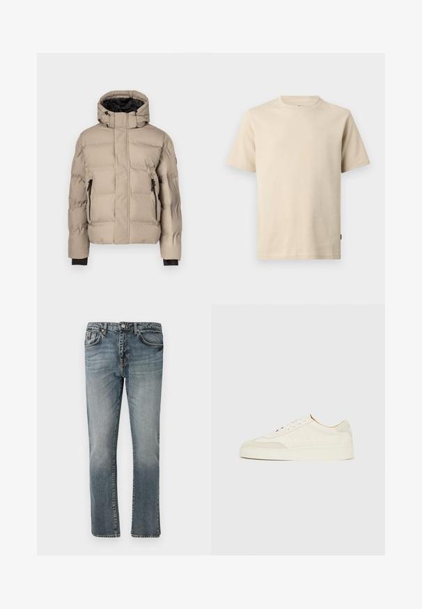 Beige donsjack met een hoge kraag, zwarte voering, twee ritssluitende zakken en doorgestikte textuur voor isolatie. Geen zichtbaar merk.; Beige katoenen T-shirt met korte mouwen en een ronde hals, voorzien van minimale stiksels en een klein tonale logo op de linkerborst.; Blauwe denim jeans met een recht gesneden ontwerp, voorzien van een klassieke vijf-pocket indeling en een vervaagde wassing voor een versleten uitstraling.; Witte suède sneakers met een gladde afwerking, ronde neus, plat veterontwerp en contrasterende gestructureerde accenten. Voorzien van een subtiel logodetail.