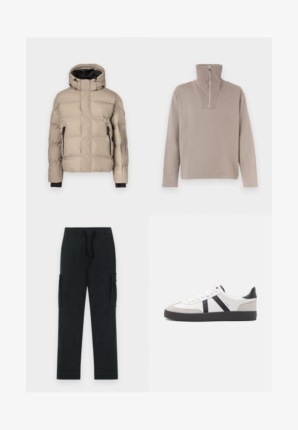 Beige donsjack met een hoge kraag, zwarte voering, twee ritssluitende zakken en doorgestikte textuur voor isolatie. Geen zichtbaar merk.; Lichtbruine pullover met hoge kraag en halve rits. Voorzien van lange mouwen en een ontspannen pasvorm, gemaakt van zachte stof.; Zwarte cargobroek met een elastische tailleband, trekkoord en zijzakken. Gemaakt van een glad, duurzaam materiaal; met rechte pijpen.; Witte sneaker met zwarte en grijze accenten, voorzien van een grijze neus met textuur, zwarte rubberen zool en platte witte veters. Schoon ontwerp, minimalistische stijl.