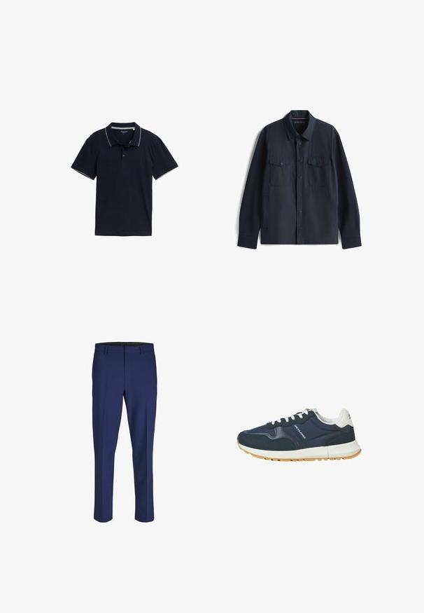 Marineblå langærmet skjortejakke i et glat stof, med knaplukning foran, to brystlommer og en klassisk kravedesign.; Mørkeblå polo shirt lavet af bomuld, med en klassisk krave, tre-knap lukning og kontrasterende lys grå trim på kraven og ærmerne.; Marineblå skræddersyede bukser med flad front, lige ben og bæltestropper; lavet af glat stof uden synlige mønstre eller udsmykninger.; Mørkeblå og hvide lavtop-sneakers med hvide snørebånd, gummisål og "JACK & JONES"-logo på siden og hælkanten.