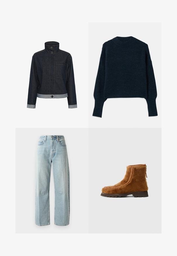 Mørk denimjakke med høj krave, to sorte knapper, en enkelt brystlomme og lys denimkant på ærmer og kant.; Mørkeblå ribbet striktrøje med lange ærmer og rund halsudskæring lagt fladt på en hvid baggrund.; Lyseblå vide jeans lavet af denim. Har en høj talje, to forlommer og en lige benlængde med let fading i stoffet.; Brune shearling ankelstøvler med en tekstureret finish, der har en lynlås og en robust gummisål.