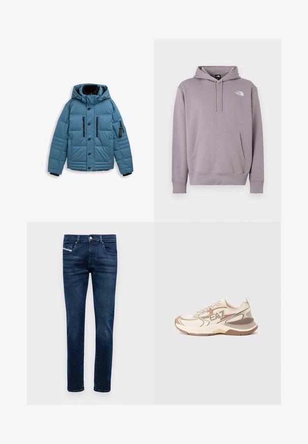 Hellblau gepufferte Jacke mit Kapuze, ausgestattet mit schwarzen Reißverschlusstaschen, Knöpfen und gerippten Bündchen; aus Nylon mit glatter Textur.; Pullover-Hoodie in hellem Lila aus weichem Stoff. Verfügt über eine vordere Kängurutasche, eine Kapuze mit Kordelzug und ein weißes Logo oben links.; Dunkelblaue Slim-Fit-Jeans für Herren mit fünf Taschen, Knopfverschluss und dezenten Verwaschungen an Oberschenkeln und Knien.; Beige-brauner Sportschuh mit Netzpaneelen, EA7-Logo an der Seite, dicker Sohle und Zuglasche an der Ferse, vor einfachem hellem Hintergrund.