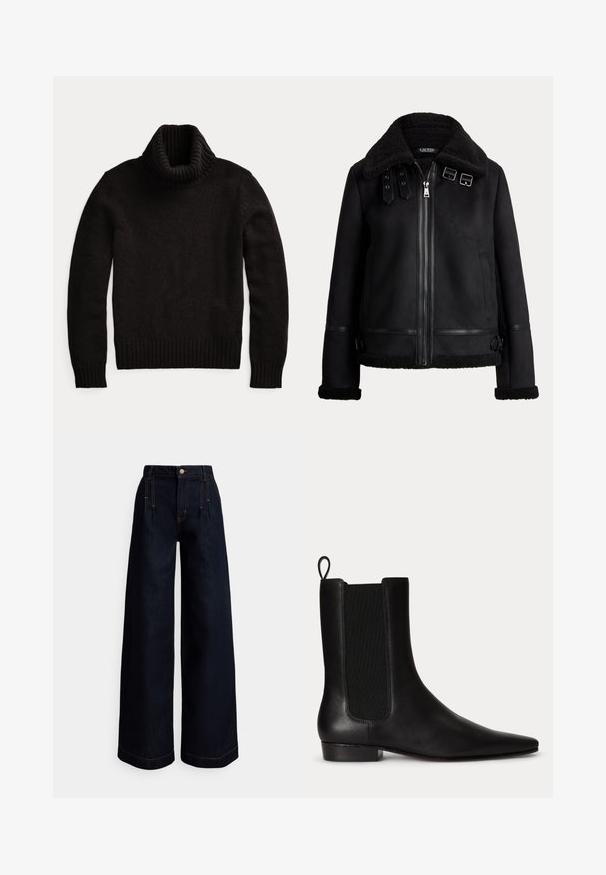Schwarze Shearling-Jacke mit Plüschkragen, Frontreißverschluss, zwei Schnallenriemen nahe dem Hals und Lederbesatz an Bündchen und Saum.; Schwarzer Rollkragenpullover aus strukturiertem Strickstoff. Mit einem hohen, gerippten Kragen sowie gerippten Säumen und Bündchen für einen figurschmeichelnden Sitz.; Dunkelblaue Jeans mit weitem Bein und hoher Taille, vorderen Falten, kontrastierender oranger Naht und Knopfverschluss an der Taille.; Schwarzer Leder-Stiefelette mit elastischem Seiteneinsatz, Zuglasche hinten, niedrigem Absatz und spitzer Zehe.