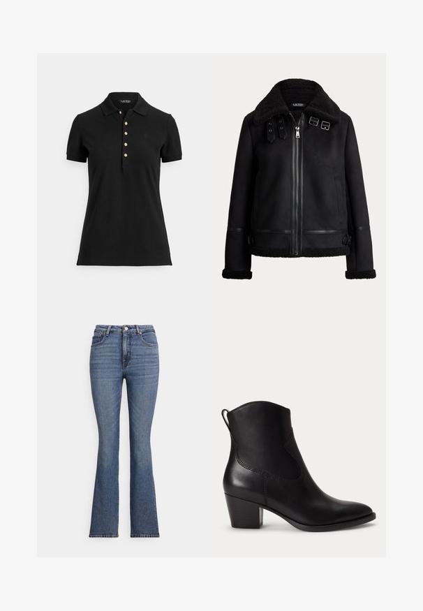 Chaqueta de piel vuelta negra con cuello de felpa, cremallera frontal, dos tiras con hebillas cerca del cuello y ribete de cuero en los puños y el dobladillo.; Polo negro de tela texturizada, con cuello, mangas cortas y una tapeta con botones dorados. Detalle sutil del logo en el pecho.; Vaqueros acampanados de mezclilla azul con cintura alta, que cuentan con cinco bolsillos, costuras en contraste y una textura suave.; Botín negro de cuero con tacón de bloque bajo, puntera redondeada y lengüeta trasera contra un fondo blanco liso.
