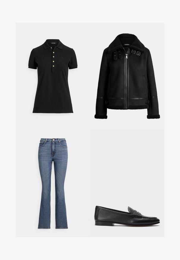 Chaqueta de piel vuelta negra con cuello de felpa, cremallera frontal, dos tiras con hebillas cerca del cuello y ribete de cuero en los puños y el dobladillo.; Polo negro de tela texturizada, con cuello, mangas cortas y una tapeta con botones dorados. Detalle sutil del logo en el pecho.; Vaqueros acampanados de mezclilla azul con cintura alta, que cuentan con cinco bolsillos, costuras en contraste y una textura suave.; Mocasin de cuero negro con acabado texturizado, que cuenta con una correa decorativa y tacón plano. Diseño elegante y minimalista con punta redondeada.