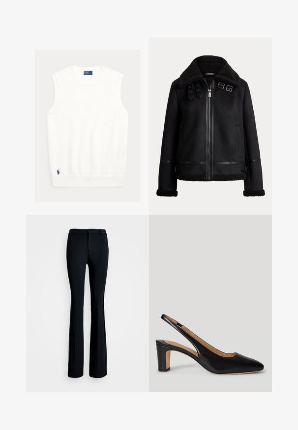 Must shearling-jakk pehme rihmaga, eesmine tõmblukk, kaks pannalga rihma kaela lähedal ning nahast paelad varrukatel ja äärel.; Valge varrukateta topp pehmest kangast, millel on soonikuga kaelus ja serv. Väike tumesinine logo vasaku alumise nurga juures.; Mustad laiad püksid, mis on valmistatud siidiselt siledast kangast. Omab lamedat esiosa vöökohta, kitsast istuvust reie kaudu ja laia jalasuvandit.; Mustast nahast slingback-stiilis kingad terava kannaga, keskmise kõrgusega plokktallaga ja siledapinnaline. Küljed on lõikekujundusega.