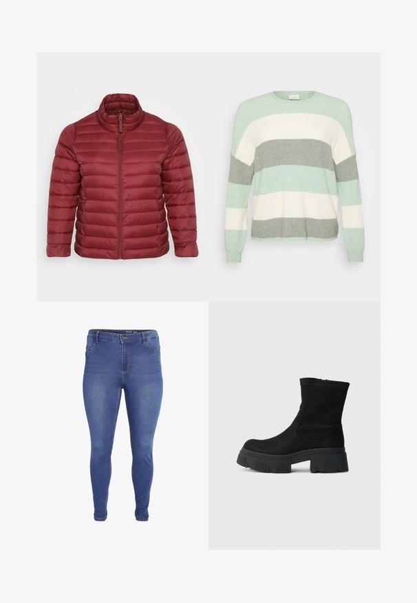 Die rote Puffjacke verfügt über einen hohen Kragen und ein horizontal gestepptes Design, gefertigt aus glattem, leichtem Material mit einem durchgehenden Reißverschluss.; Hellgrüner, cremefarbener und grauer gestreifter Pullover mit rundem Ausschnitt. Hergestellt aus einem weichen Material, mit langen Ärmeln und einem lockeren Schnitt.; Blaue Skinny-Jeans mit Vorder- taschen, Gürtelschlaufen, Knopfverschluss und leichter Verblassung an Oberschenkeln und Knien.; Schwarzer Wildleder-Stiefeletten mit einer klobigen schwarzen Gummisohle, abgerundeter Zehenpartie und minimalistischem Design. Verfügt über elastische Seitenteile für einfaches An- und Ausziehen.
