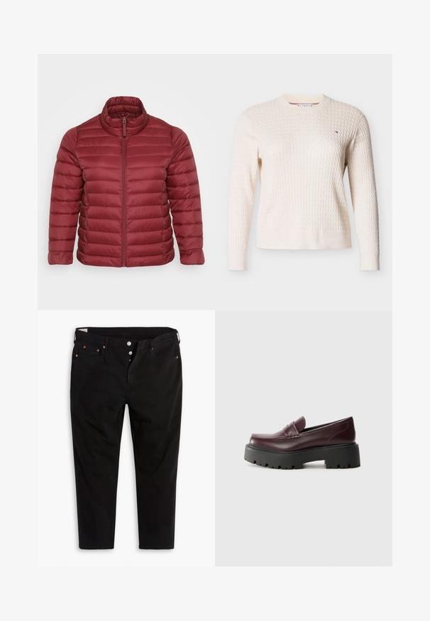 Die rote Puffjacke verfügt über einen hohen Kragen und ein horizontal gestepptes Design, gefertigt aus glattem, leichtem Material mit einem durchgehenden Reißverschluss.; Cremefarbener Kabelstrickpullover mit langen Ärmeln und rundem Ausschnitt, mit kleinem besticktem Logo auf der Brust.; Schwarze Jeanshose mit geradem Bein. Verfügt über fünf Taschen, Metallknopfverschluss und orangefarbene Nähtigkeiten. Aus Baumwollmaterial.; Burgunderfarbene Lederloafers mit runder Zehenform, dekorativer Naht und einer dicken schwarzen Gummisohle mit einem robusten Profil.