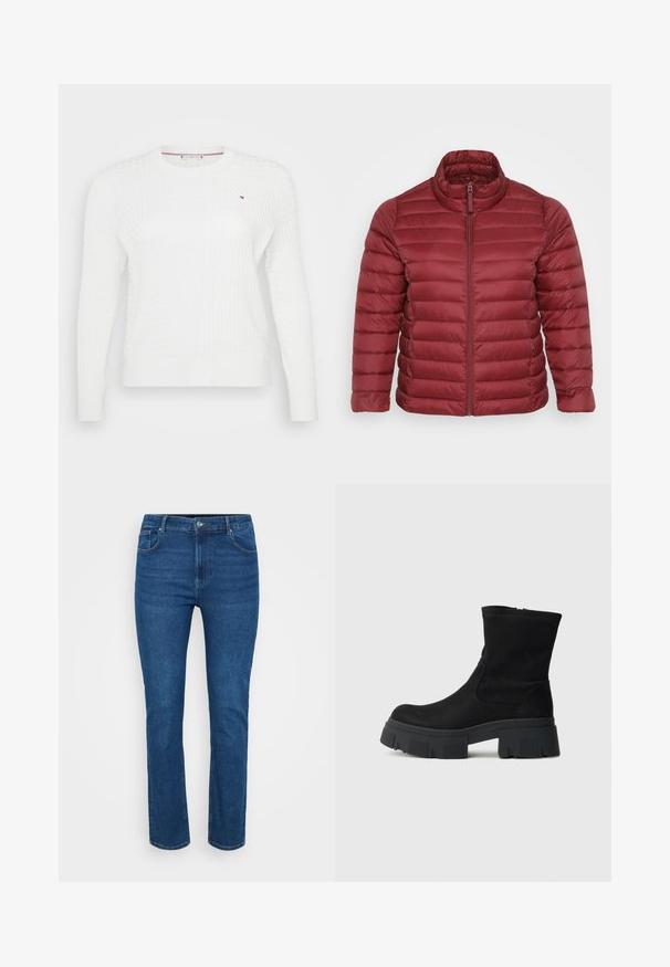 Rød pufferjakke har en høj krave og vandret quiltet design, lavet af glat, letvægtsstof med en fuld lynlås lukning.; Hvid strikket sweater med et struktureret diamantmønster, rund halsudskæring og lange ærmer. Lille logoaccent på brystet.; Blå denim jeans med lige ben design, med kontrasterende syninger, fem-lomme stil og en metalknap lukning i taljen.; Sort ruskind ankelstøvle med en kraftig sort gummisål, rundet tå og minimalistisk design. Har elastiske sider for nem påtagning.