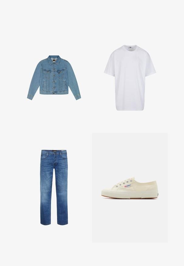 Hellblaue Denimjacke mit Knopfleiste, zwei Brustklappentaschen und zwei Seitentaschen, ausgestattet mit einem klassischen Kragen und langen Ärmeln.; Schlichtes weißes Kurzarm-T-Shirt aus Baumwolle mit Rundhalsausschnitt und sichtbarem Größen- sowie Markenlabel im Innenkragen.; Hellblaue Jeans aus Denim mit einem verwaschenen Finish, gerader Schnitt, Fünf-Taschen-Design und einem Reißverschluss. Mit brauner Naht und einem Logo-Patch.; Beige Leinen-Sneaker mit niedrigem Profil, Metallösen und Gummisohle. Mit einem strukturierten Muster und einem Logodetail an der Seite.