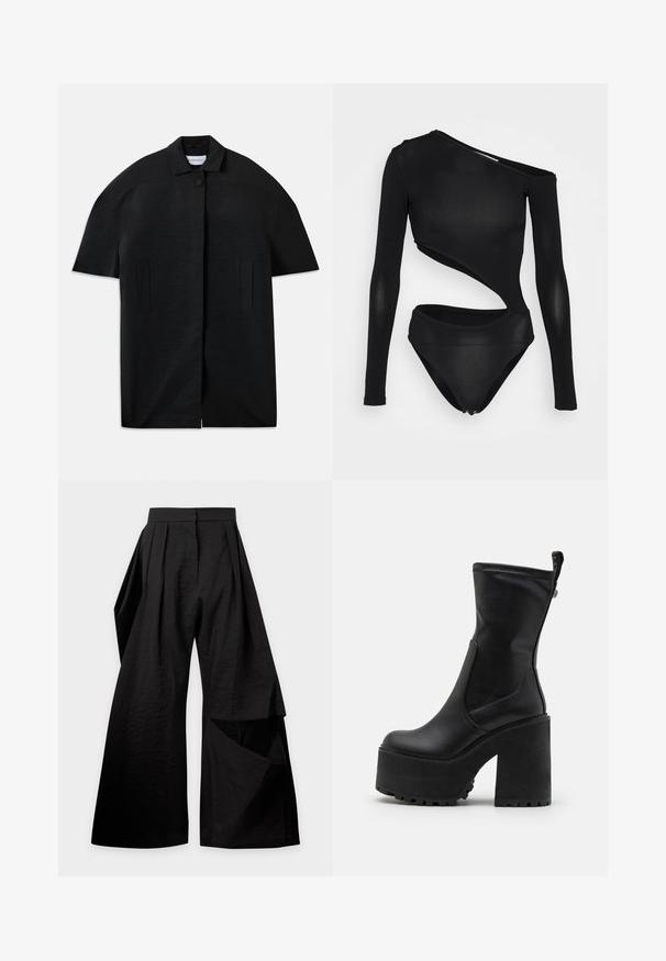Sort kortærmet frakke med ribbet tekstur, skjult frontlukning, krave, to lodrette lommer med sprækker og en enkelt synlig knap ved kraven.; Materiel DIAGONAL CUT BODY - T-shirts print - black; Sort viddebukser med læg ved taljen og et overlappende stofstykke på højre ben.; Buffalo KILLAH SOCK BOOT - Plateaustøvler - black