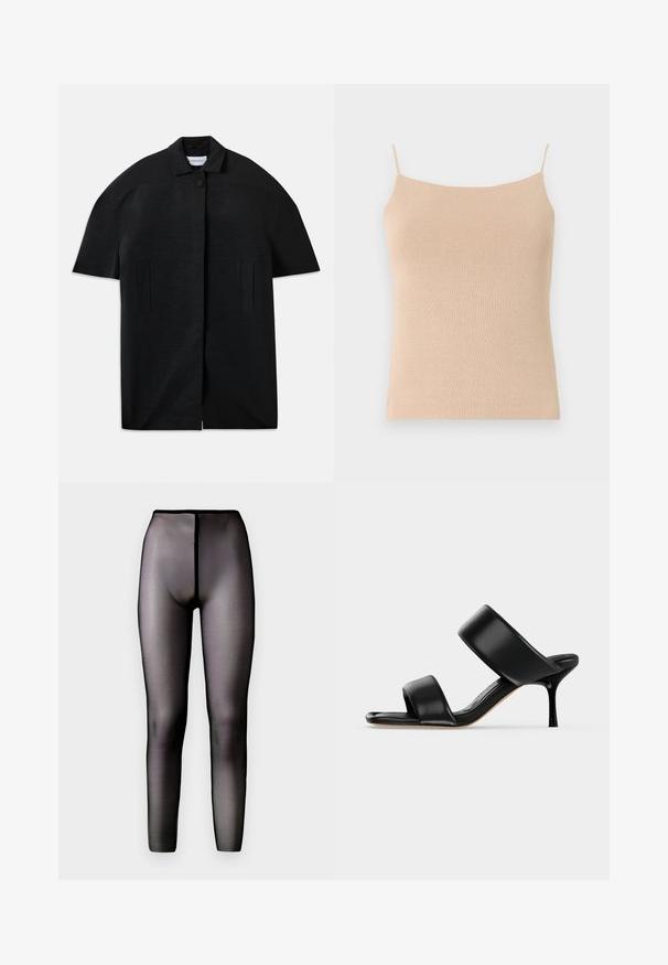 Manteau noir à manches courtes avec texture côtelée, fermeture frontale cachée, col, deux poches verticales fendues et un seul bouton visible au col.; Camisole en tricot beige avec des bretelles fines, présentant une coupe ajustée et un tissu texturé, idéale pour le superposition ou un usage décontracté.; Leggings noirs transparents avec une taille haute et une texture lisse. Présente un design sans couture et une silhouette ajustée.; Sandale mule en cuir noir avec deux larges brides et un talon stiletto fin de hauteur moyenne sur un fond clair uni.