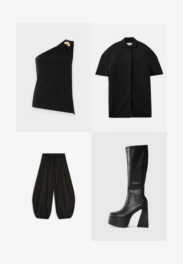 Manteau noir à manches courtes avec texture côtelée, fermeture frontale cachée, col, deux poches verticales fendues et un seul bouton visible au col.; Haut noir asymétrique sans manches avec détail de boucle circulaire dorée sur la bretelle, tissu lisse, silhouette ajustée.; Pantalon noir ample avec taille élastiquée froncée et bas élastiqués, créant une silhouette ballon.; Bottine noire en cuir, haute jusqu'au genou, avec une plateforme épaisse et un talon géométrique. Texture lisse avec des détails decouture sur le bord supérieur.