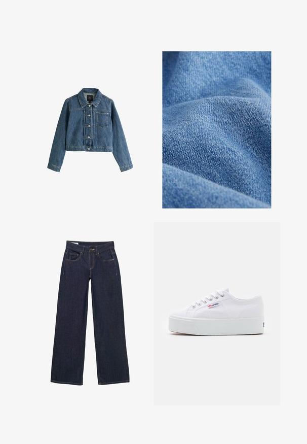 Blauwe korte spijkerjas met kraag, knopen aan de voorkant, borstzak en lange mouwen op een witte achtergrond.; Denim stof in lichtblauw, met een zachte, gestructureerde oppervlakte en een zichtbaar twillpatroon. Het materiaal lijkt licht gekreukt.; Donkerblauwe wijde spijkerbroek van denim met een knoop- en ritsluiting, vijf zakken en gele stiksels.; Witte canvas sneaker met een dikke witte platformzool, ronde neus en metalen oogjes voor veters. Merkl logo aan de zijkant weergegeven.