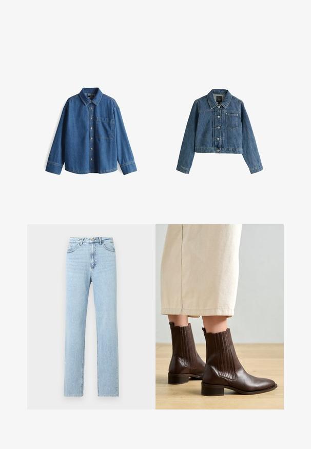 Blauwe korte spijkerjas met kraag, knopen aan de voorkant, borstzak en lange mouwen op een witte achtergrond.; Denim shirt, lichtblauw, lange mouwen, knopenlijst aan de voorkant, kraag, enkele borstzak, contrasterende stiksels en een ontspannen pasvorm.; Lichtblauwe rechte spijkerbroek met voorzakken, riemlussen en een knoop- en ritssluiting.; Pavement SHANI - Lage laarzen - brown