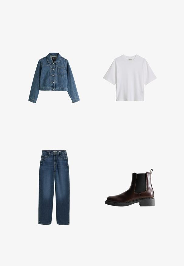 Blaue kurze Jeansjacke mit Kragen, Knopfleiste, Brusttasche und langen Ärmeln auf weißem Hintergrund.; Weißes kurzärmeliges Baumwoll-T-Shirt mit Rundhalsausschnitt, lockerer Sitz, einfarbige Vorderseite mit sichtbarem Kragenetikett auf einfarbigem Hintergrund.; Dunkelblaue weite Jeans mit hoher Taille, Fronttaschen und klassischer Denim-Textur. Abgeschlossen mit dezenten Steppnähten und geraden Beinsäumen.; Braune Leder-Boots mit elastischen Seitenteilen, runder Spitze und einer strukturierten schwarzen Gummisohle. Verfügt über kontrastierende Nähte und eine Ziehlasche.