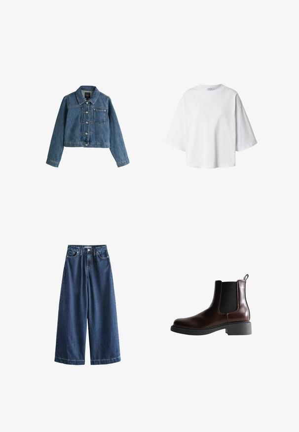 Veste courte en denim bleu avec col, fermeture à boutons, poche poitrine et manches longues sur fond blanc.; T-shirt blanc oversize à manches courtes, col rond et coupe décontractée, présenté sur un fond uni.; Jeans en denim bleu foncé à jambes larges avec une taille haute, cinq poches et des détails de couture visibles. Fabriqué en coton, offrant une apparence texturée.; Bottine en cuir marron avec des panneaux élastiques sur les côtés, bout rond et semelle en caoutchouc noir texturé. Comprend des coutures contrastées et une languette.